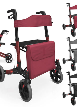 Walking aid, foldable, with a shopping bag, red