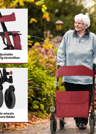 Walking aid, foldable, with a shopping bag, red